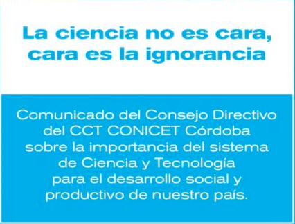 Les compartimos un comunicado del Consejo Directivo del CCT CONICET Córdoba